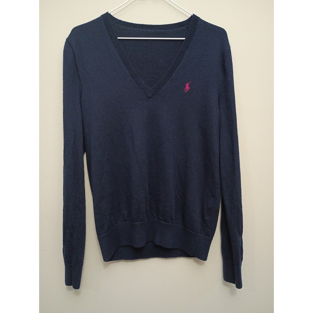 Polo Ralph Lauren Navy Blue Merino Wool V-Neck Sweater Pink Pony Large Preppy